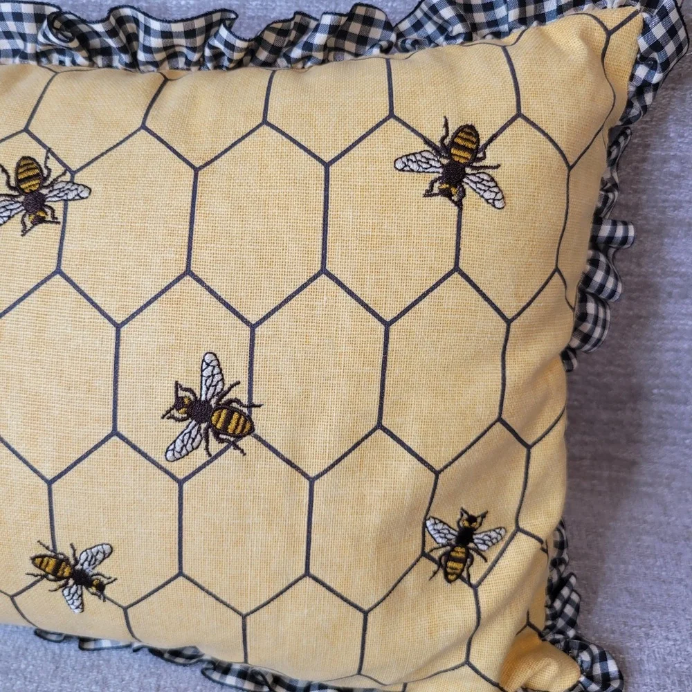 Farmhouse Embroidered Bee Honeycomb Lumbar Throw Pillow Black Gingham Ruffle